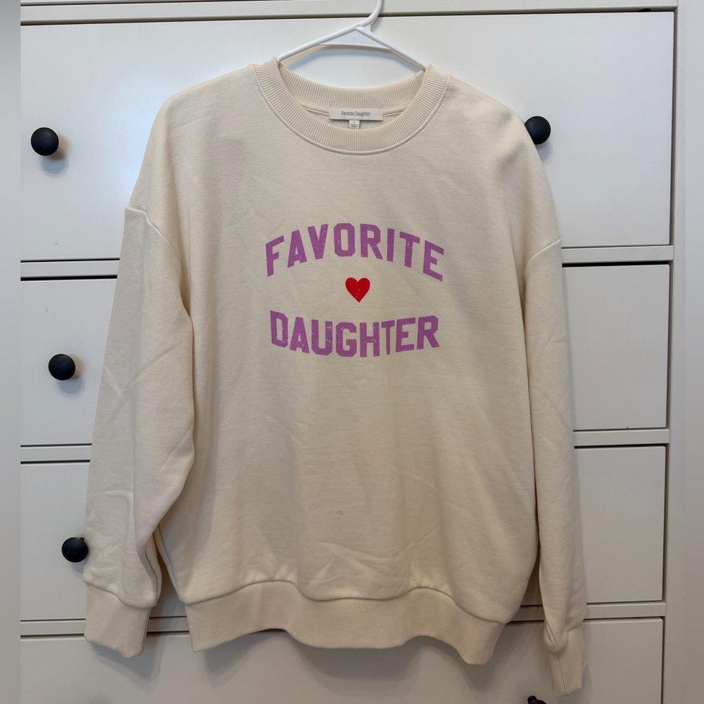 Favorite Daughter Cream Crewneck Sweatshirt with Pink Logo and Red Heart